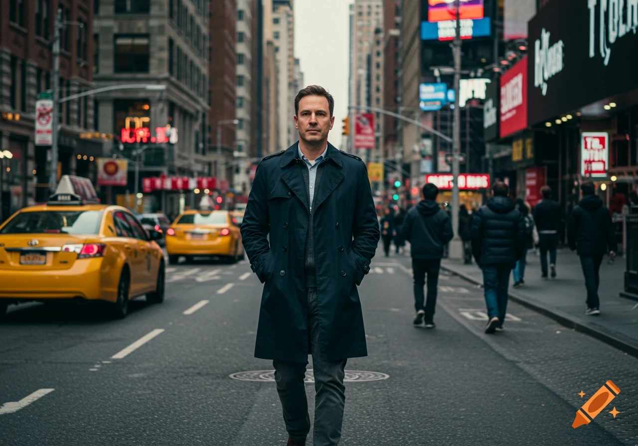 A man stands in the middle of a New York City street with yellow taxis and buildings.