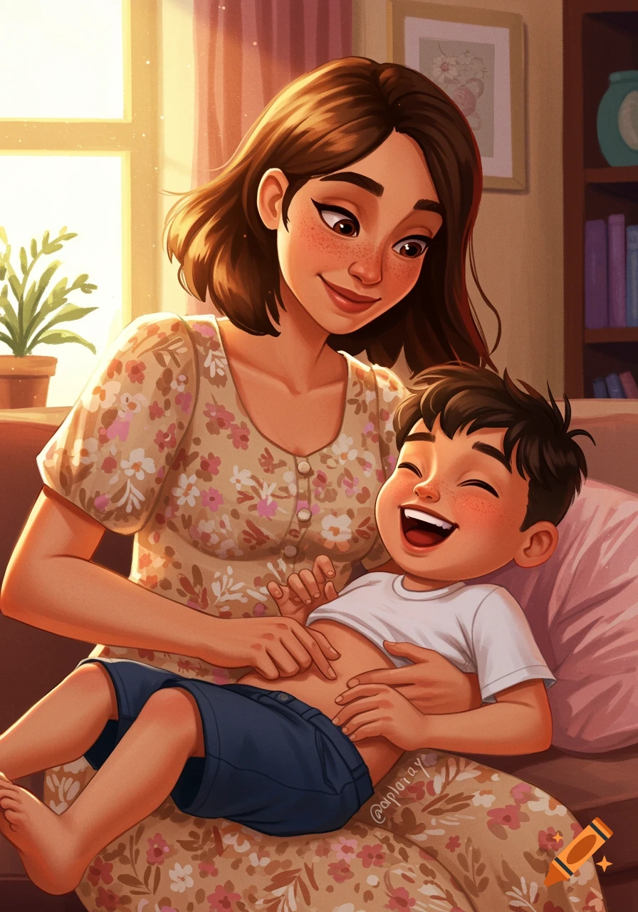 An illustration of a mother tickling her son's stomach as he laughs.