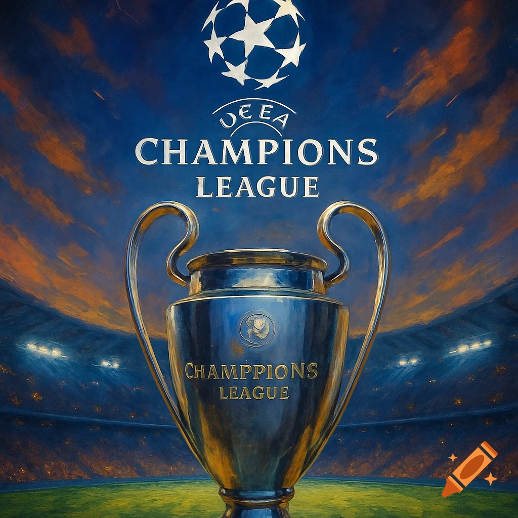 UEFA Champions League trophy and ball over a stadium at sunset in a painted style
