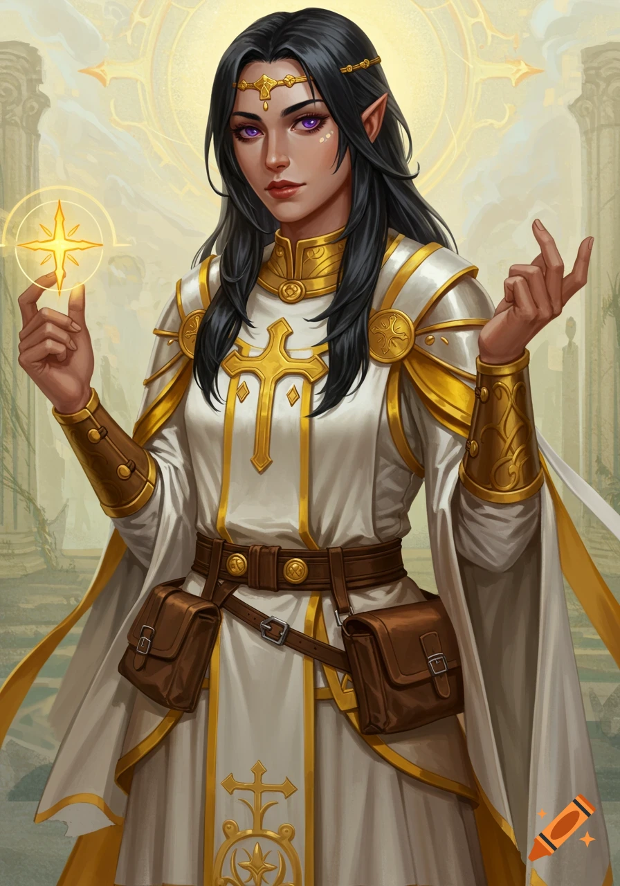 A female fantasy cleric with black hair, purple eyes, and white and gold armor in ruins.