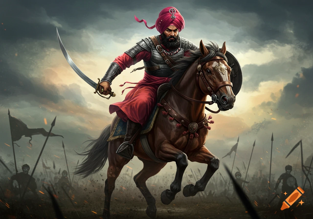 Nihang warrior on horseback with sword and shield charging in a battle scene.