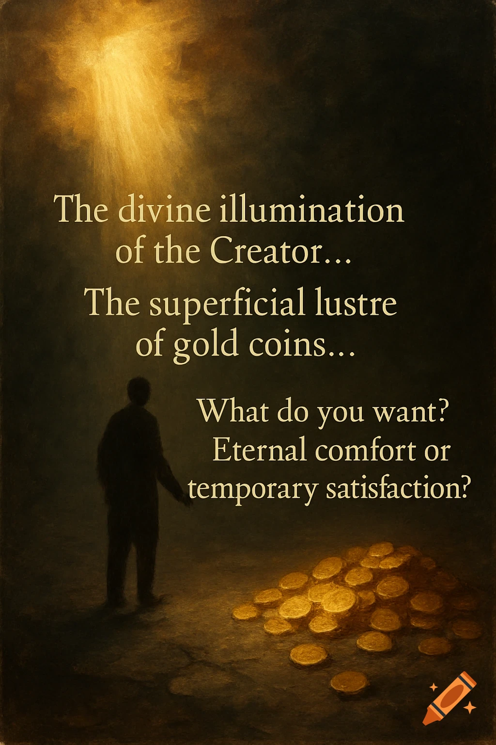 A silhouetted figure stands between a beam of divine light and a pile of gold coins, with overlaid text asking about choice. Symbolic digital painting.