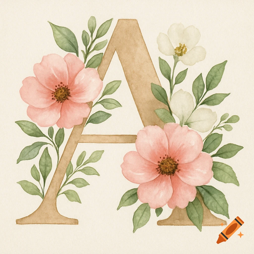 Watercolor letter A decorated with pink and white flowers and green leaves.