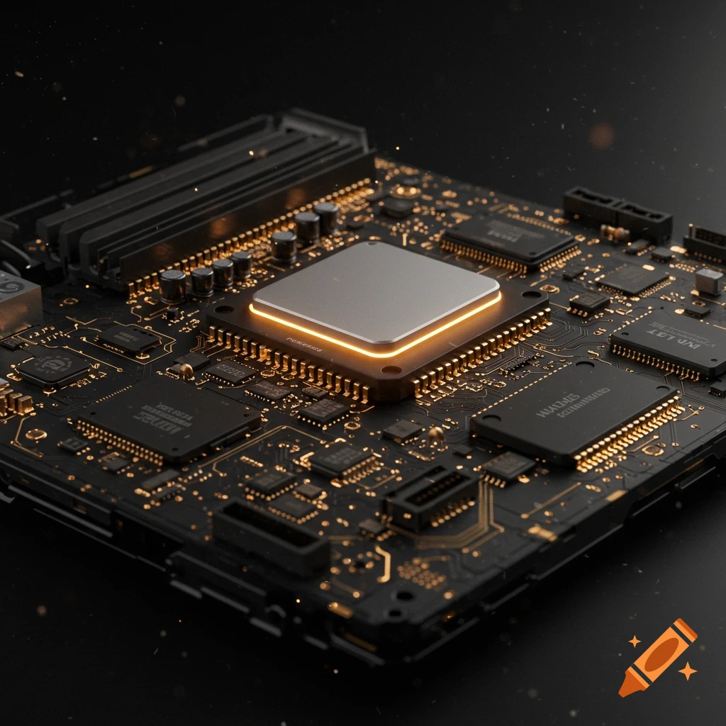 Close-up photorealistic view of a dark computer circuit board with glowing golden traces and a bright CPU chip in the center.