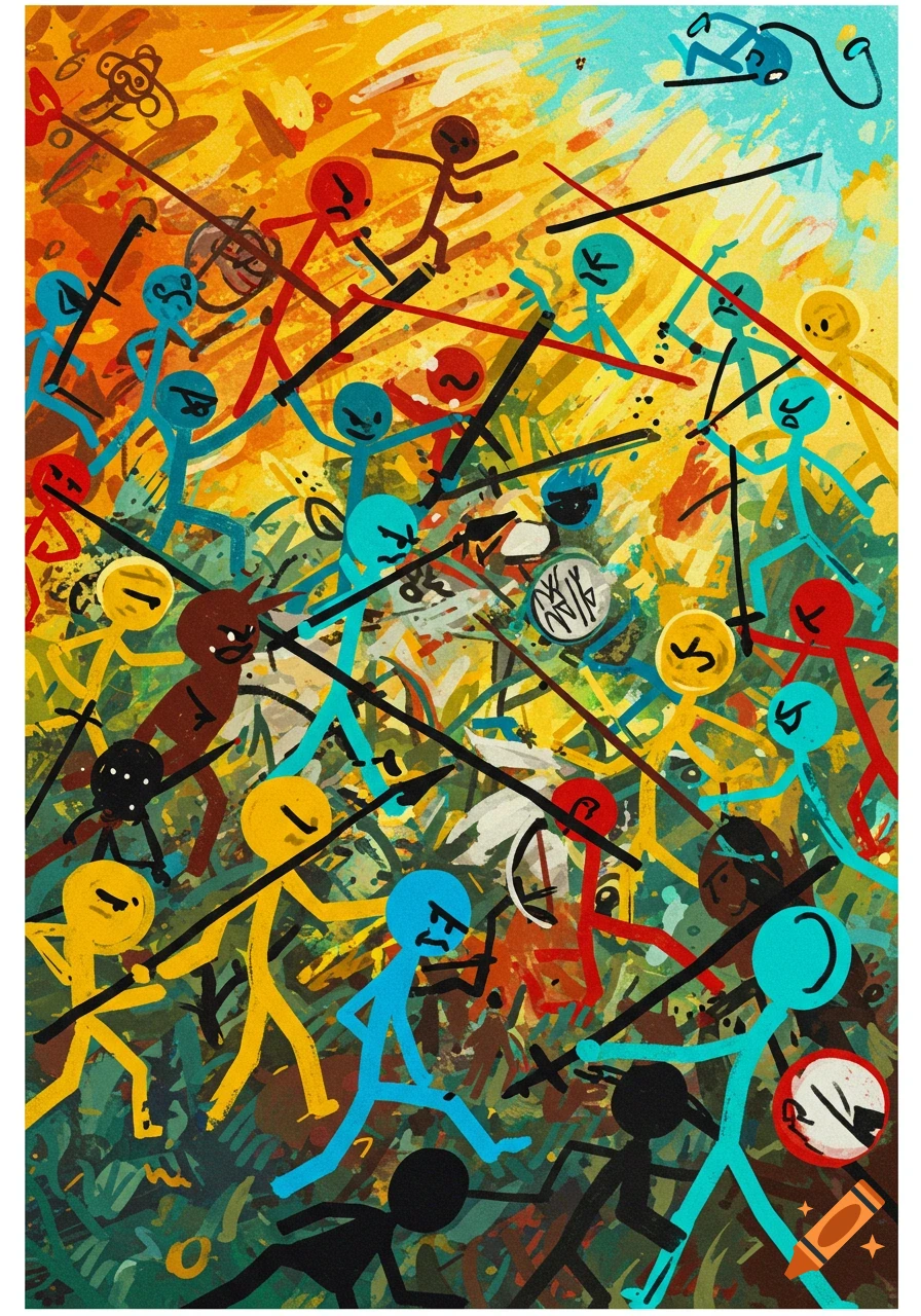 A vibrant abstract painting of colorful stick figures fighting with spears and shields.