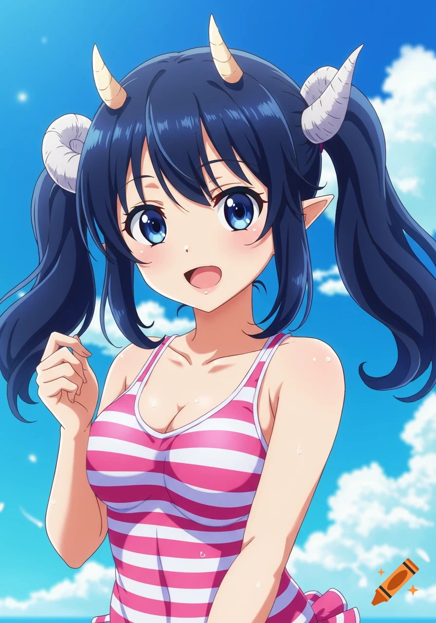 Anime girl with blue pigtails, horns, and pointy ears wearing a pink and white striped swimsuit against a blue sky.