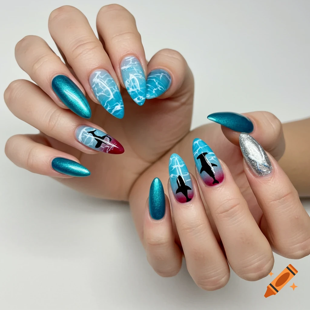 Close-up of hands with ocean-themed almond-shaped nail art, featuring metallic teal, waves, hammerhead, and whale shark designs.