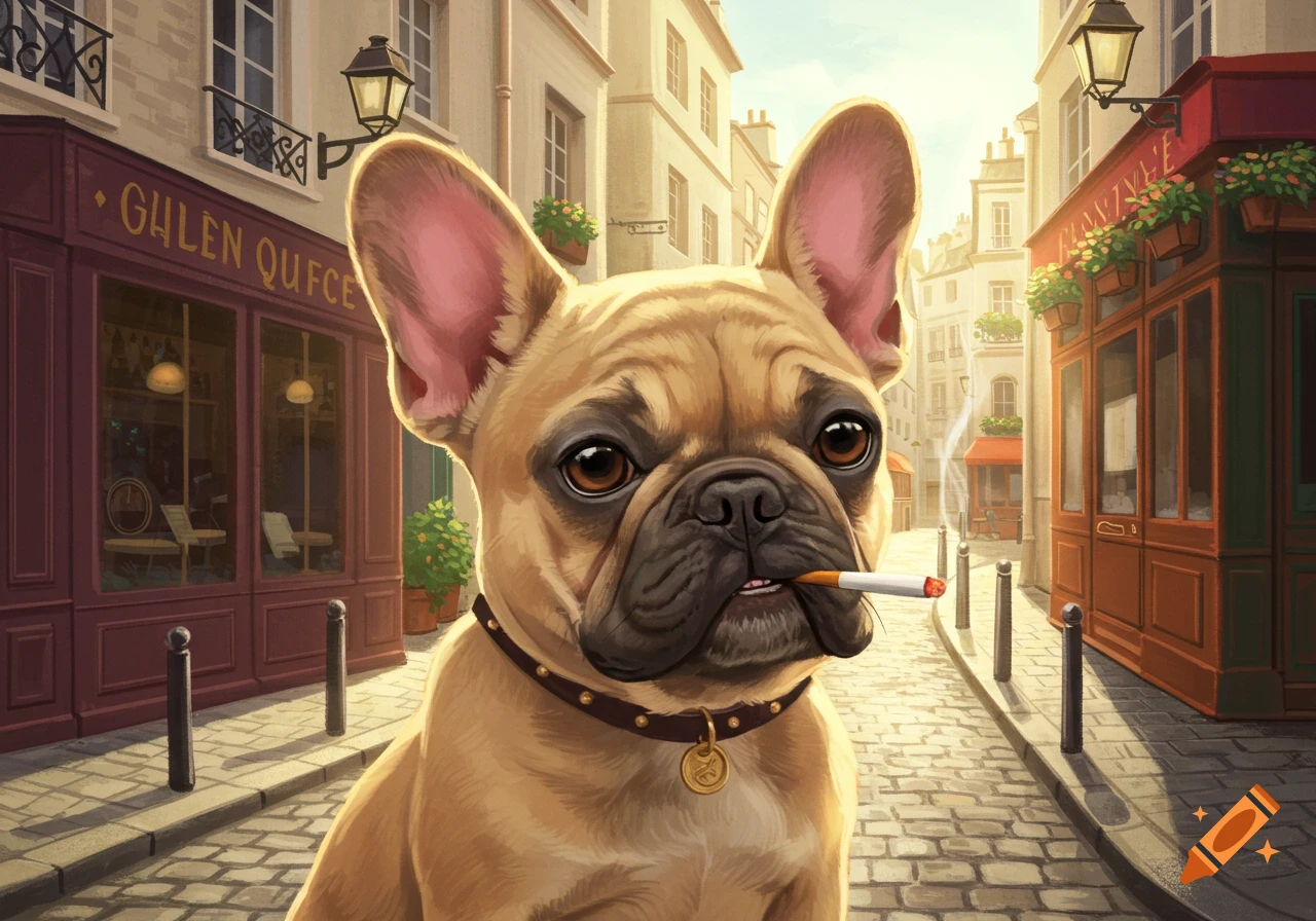 A French bulldog smokes a cigarette on a street in Paris