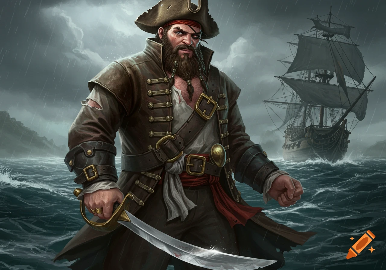 Illustration of a rugged pirate with a saber on a stormy sea with a ship in the background.