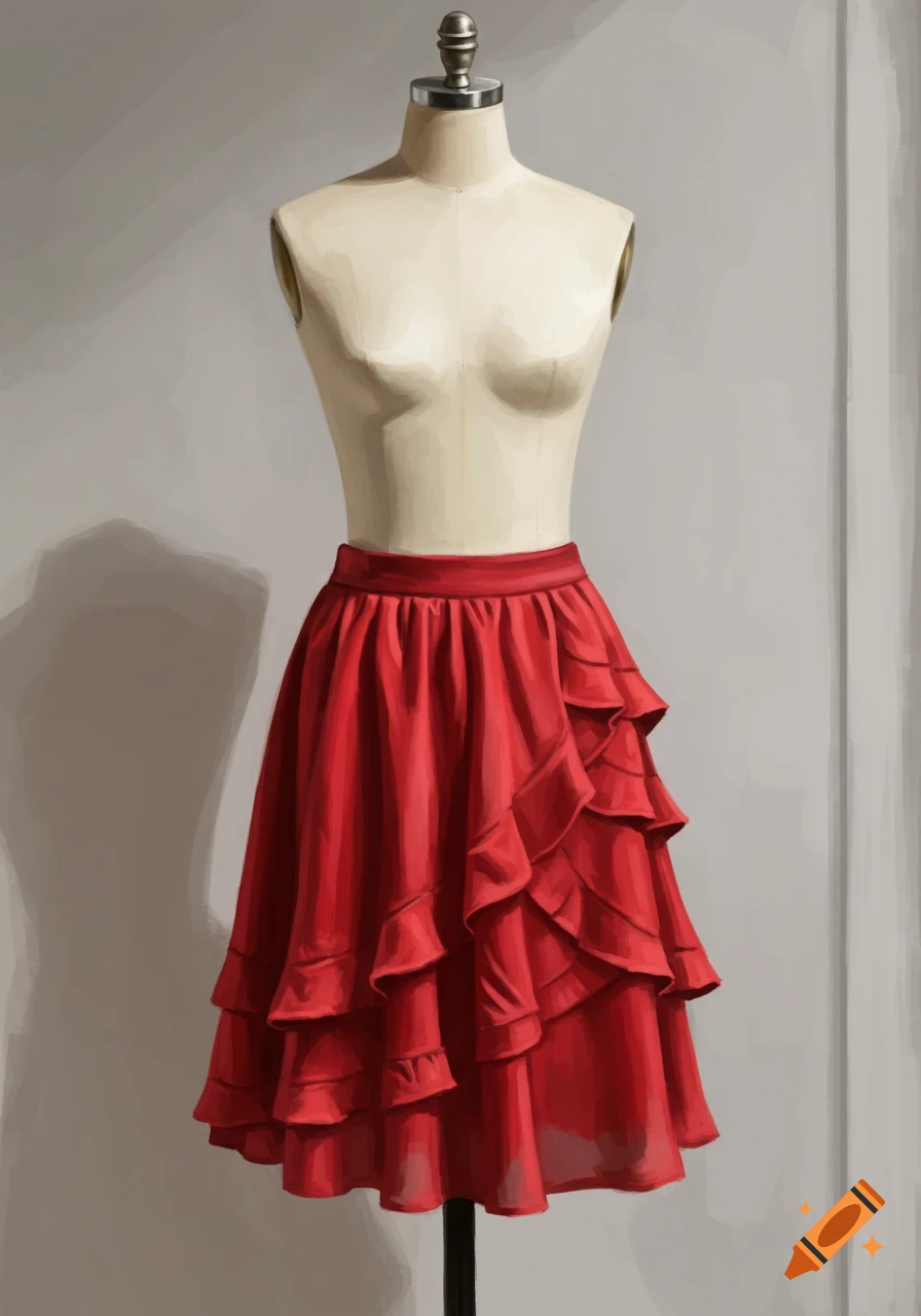 A painted image of a tailor's mannequin wearing a red ruffled skirt.
