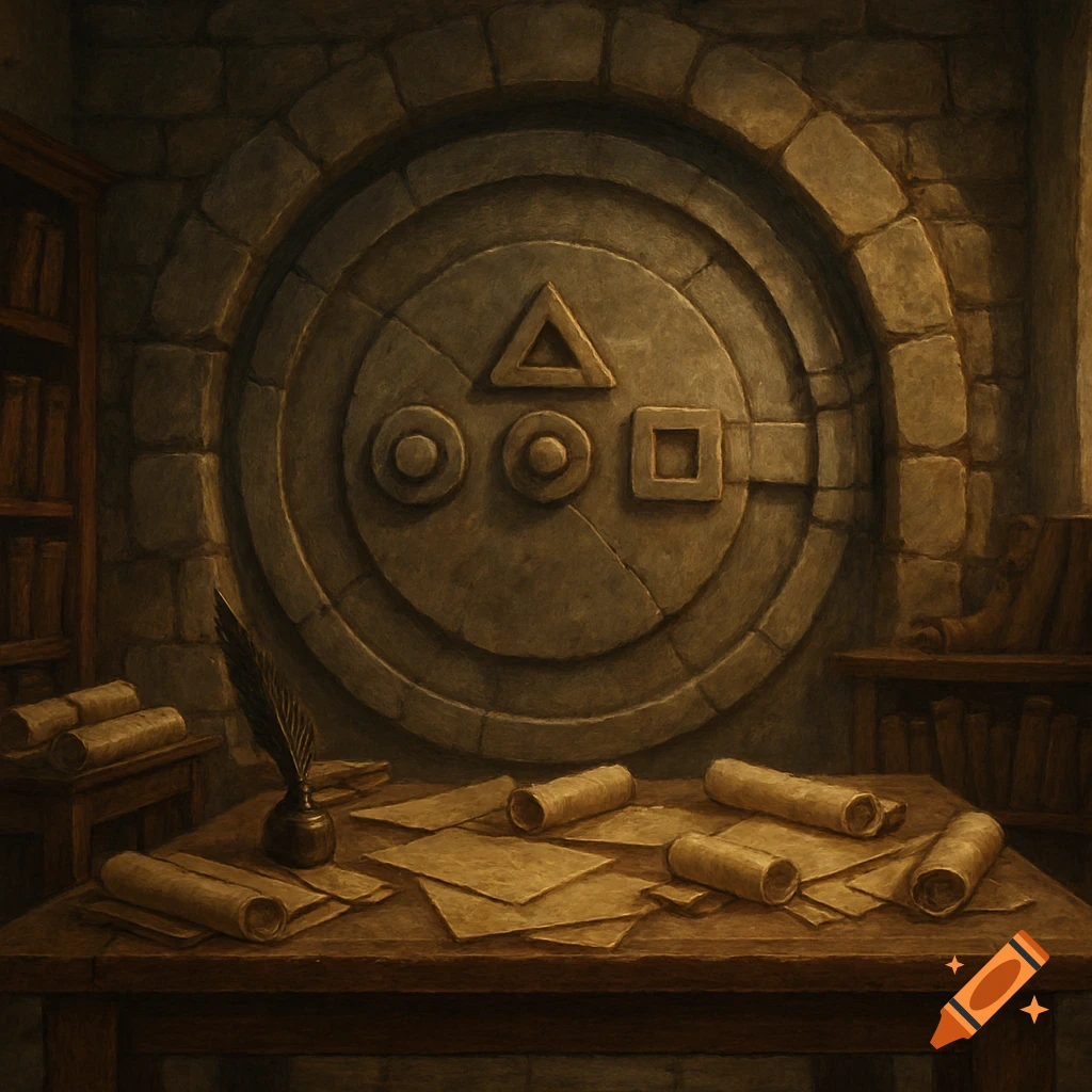 Fantasy study room with a stone vault door featuring triangle, circle, and square locks, a table with scrolls, and bookshelves.