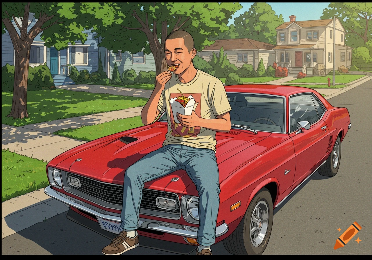Cartoon illustration of a man sitting on the hood of a red classic car, eating takeout on a suburban street.