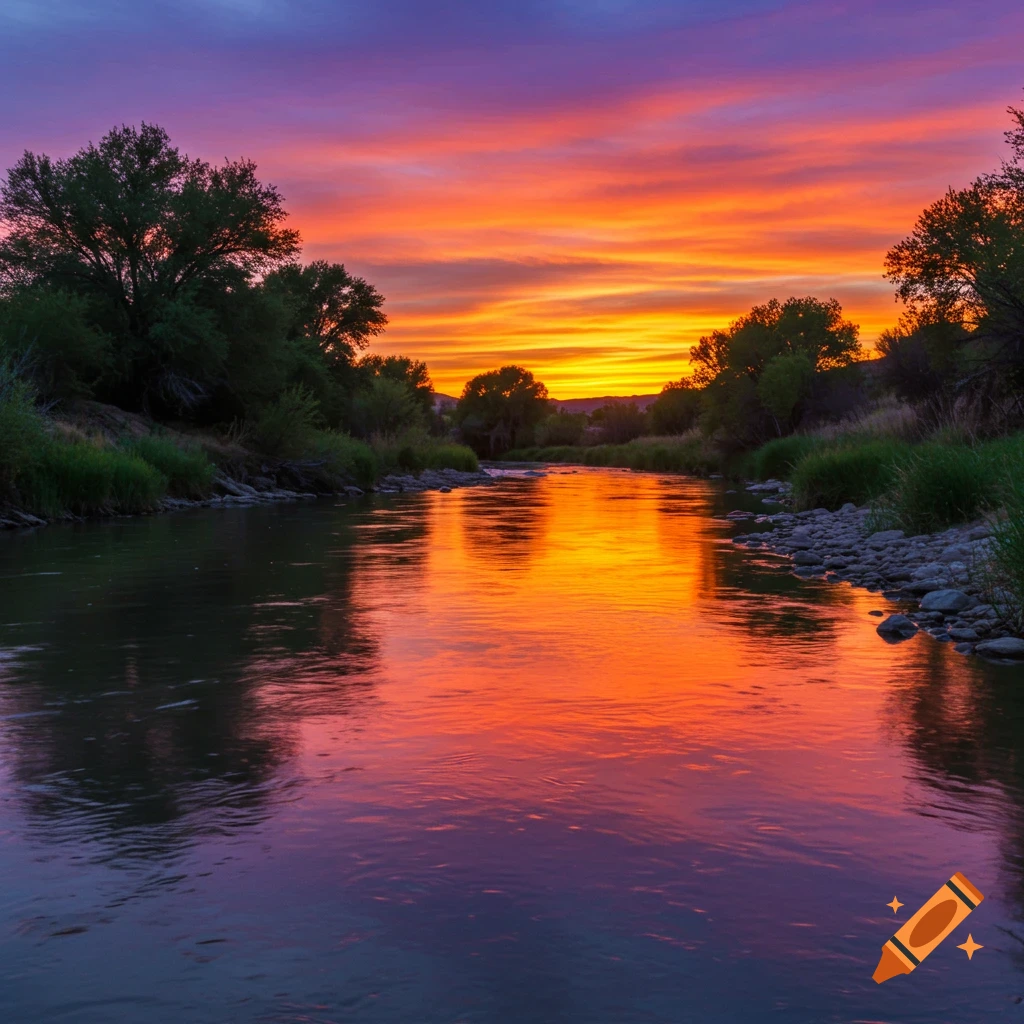 Sunset over a river with vibrant orange and purple sky reflected in the water.
