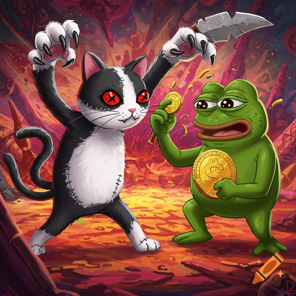 A black and white cartoon cat with a knife fights Pepe the Frog holding golden coins in a surreal, colorful setting.