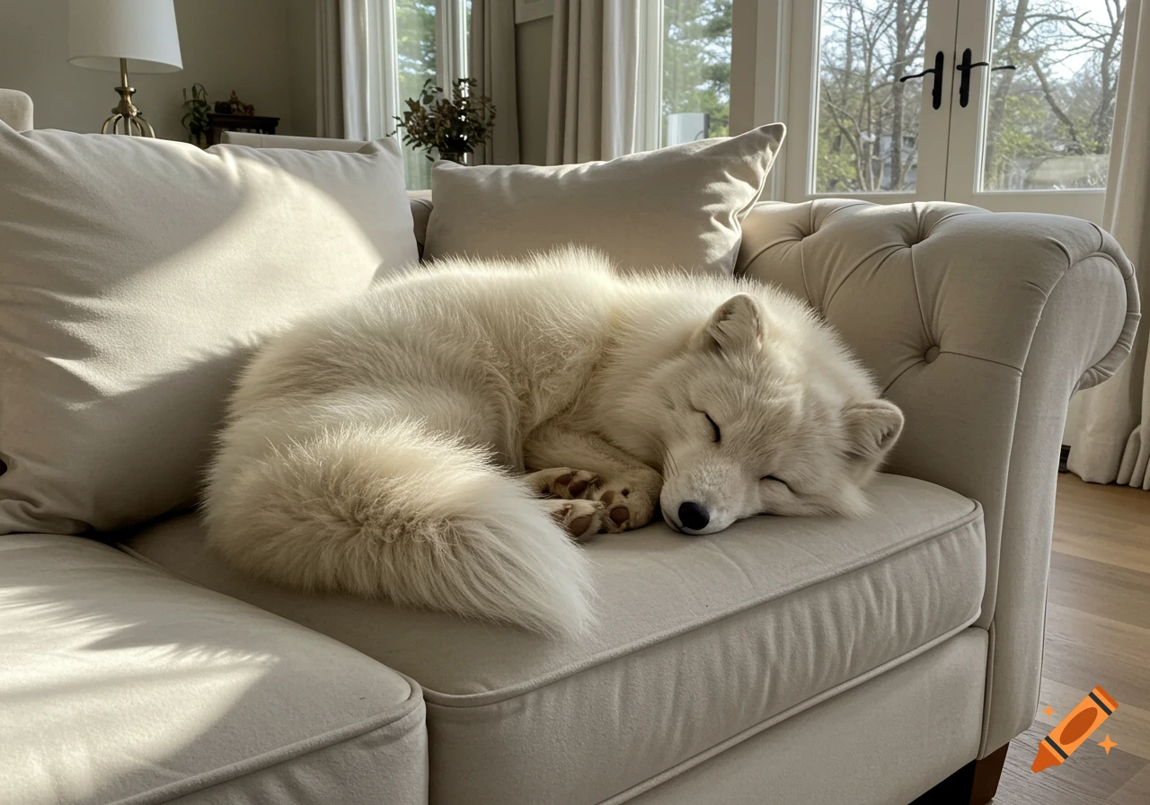 A fluffy white fox sleeps curled up on a cream-colored couch in a living room.