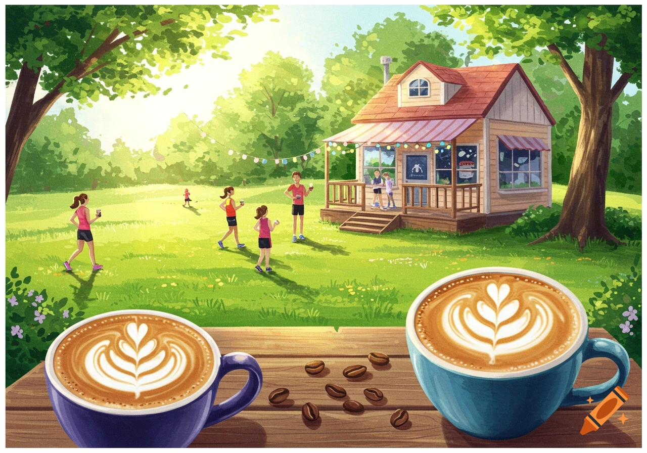 Watercolor illustration of lattes on a table in the foreground with people and a coffee shop on a lawn in the background.