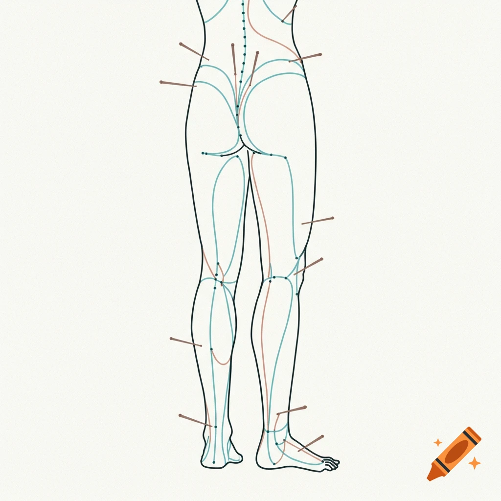Minimal line drawing diagram of acupuncture points and meridians on the back of legs.