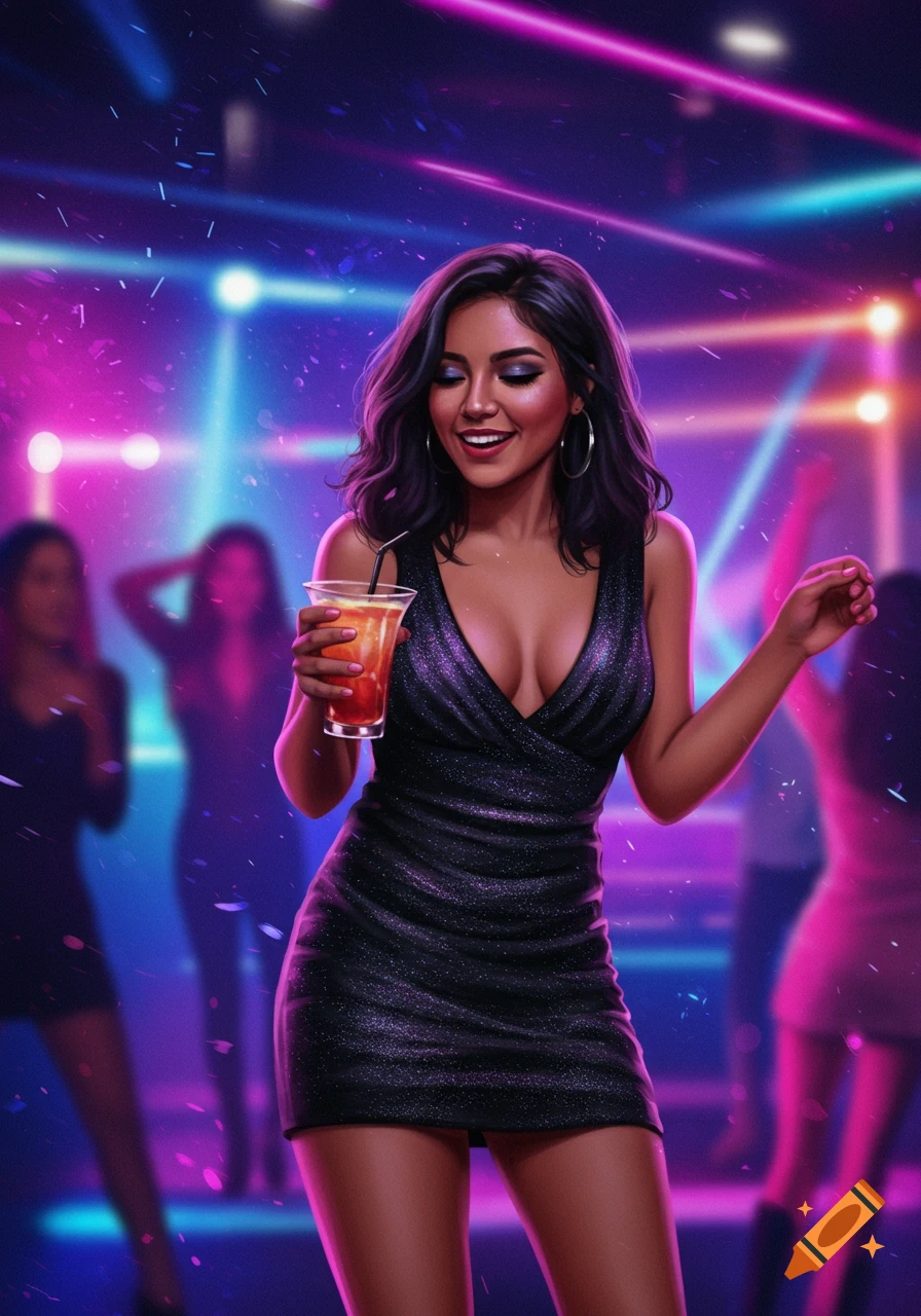 A woman in a black sparkly dress dances in a club, holding a drink, surrounded by neon lights and blurred figures.