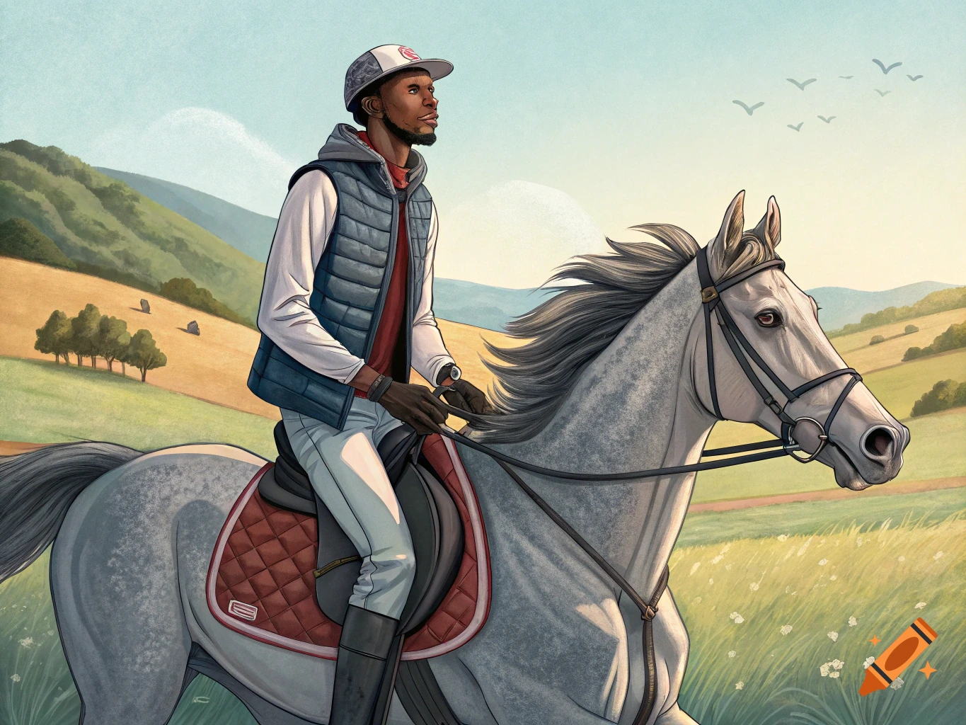 Illustration of a person riding a horse through a grassy landscape.