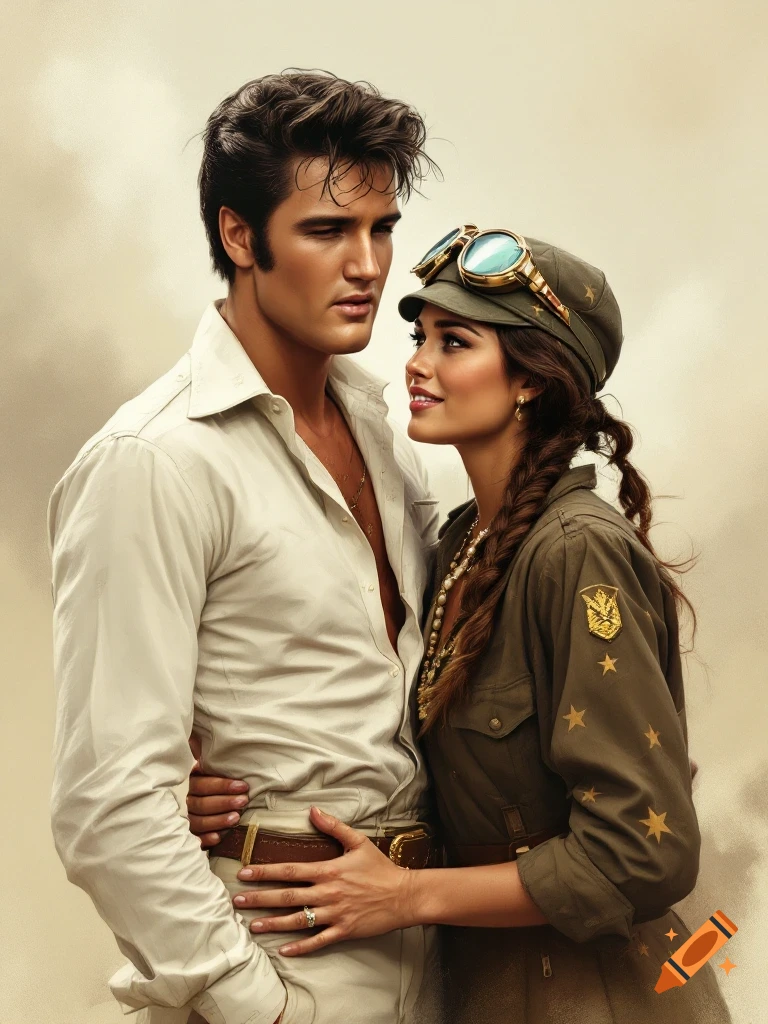Portrait of a man resembling Elvis and a woman in pilot goggles looking at each other.