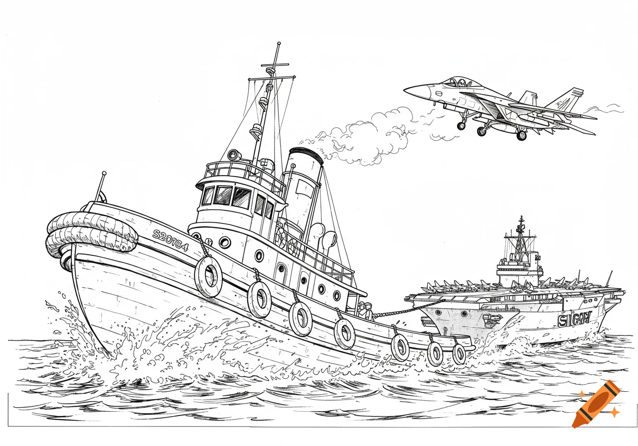 Black and white cartoon drawing of a tugboat pulling an aircraft carrier while a fighter jet lands on it.