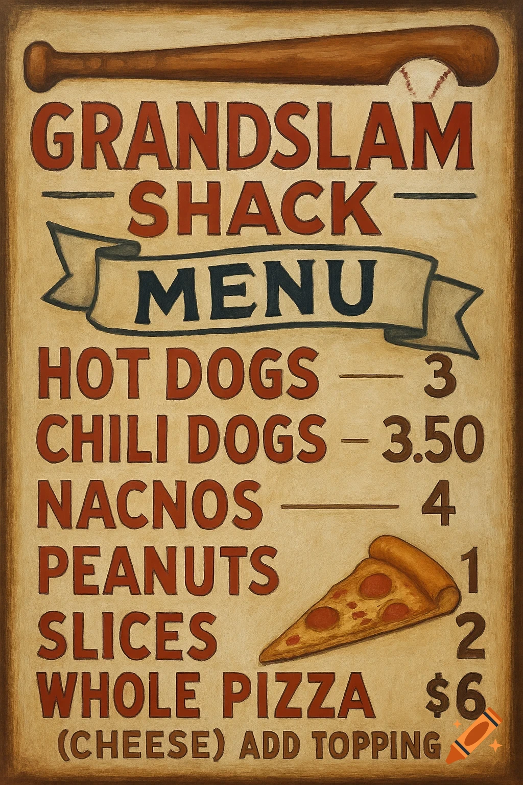 A painted menu sign for Grandslam Shack with a baseball theme. It lists hot dogs, chili dogs, nachos (misspelled), peanuts, pizza slices, and whole pizza with prices.