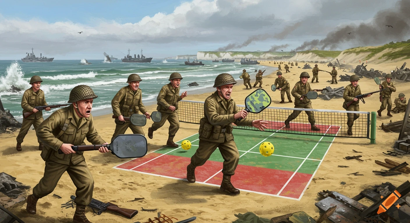 Soldiers play pickleball on a beach during a battle, with landing craft and explosions in the background.