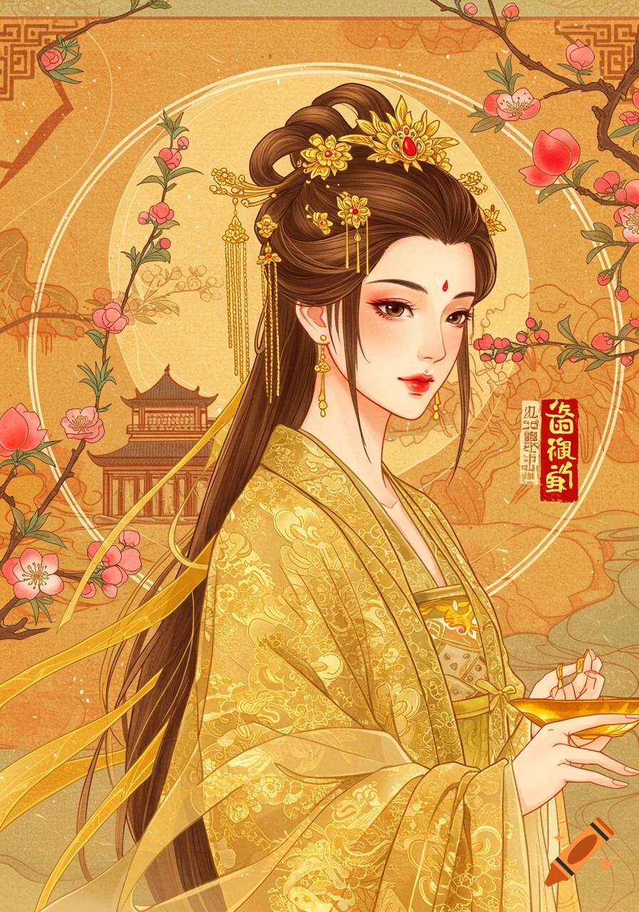 Illustration of a woman in golden traditional Chinese clothing holding a dish, surrounded by peach blossoms.
