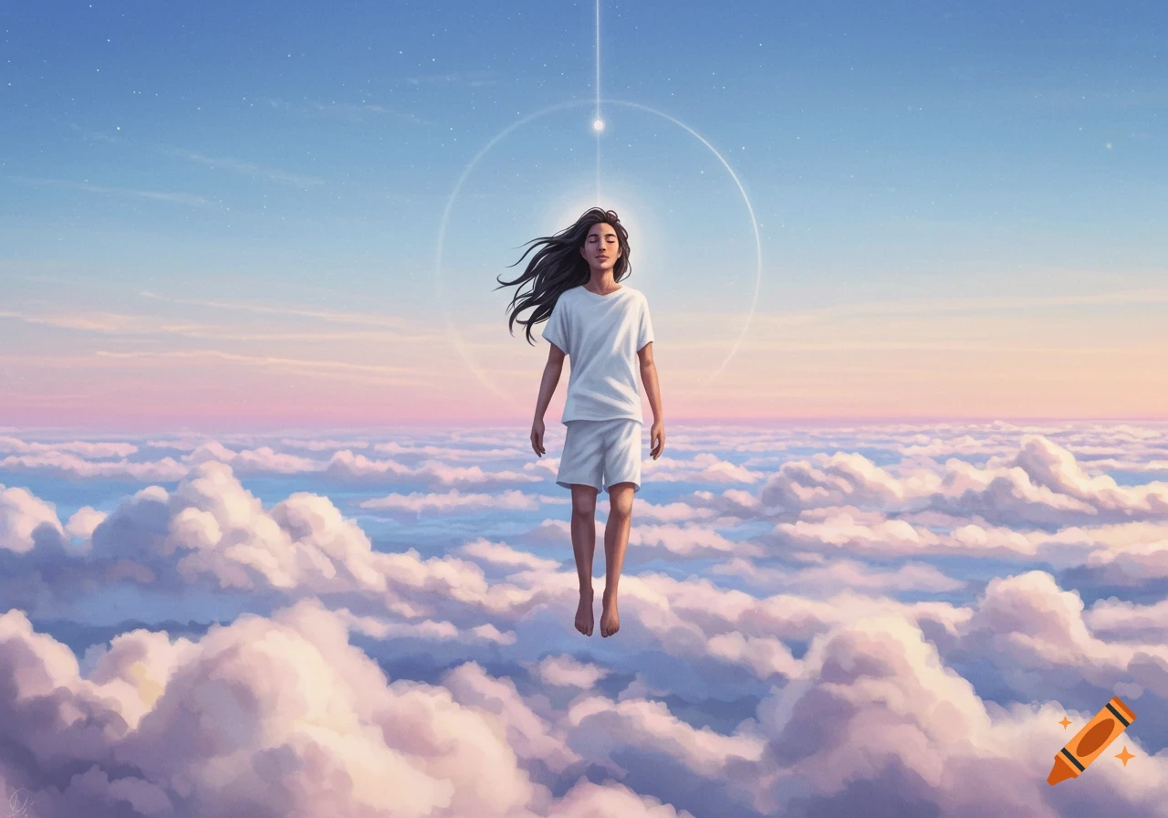 A person floating above clouds towards a light in the sky.