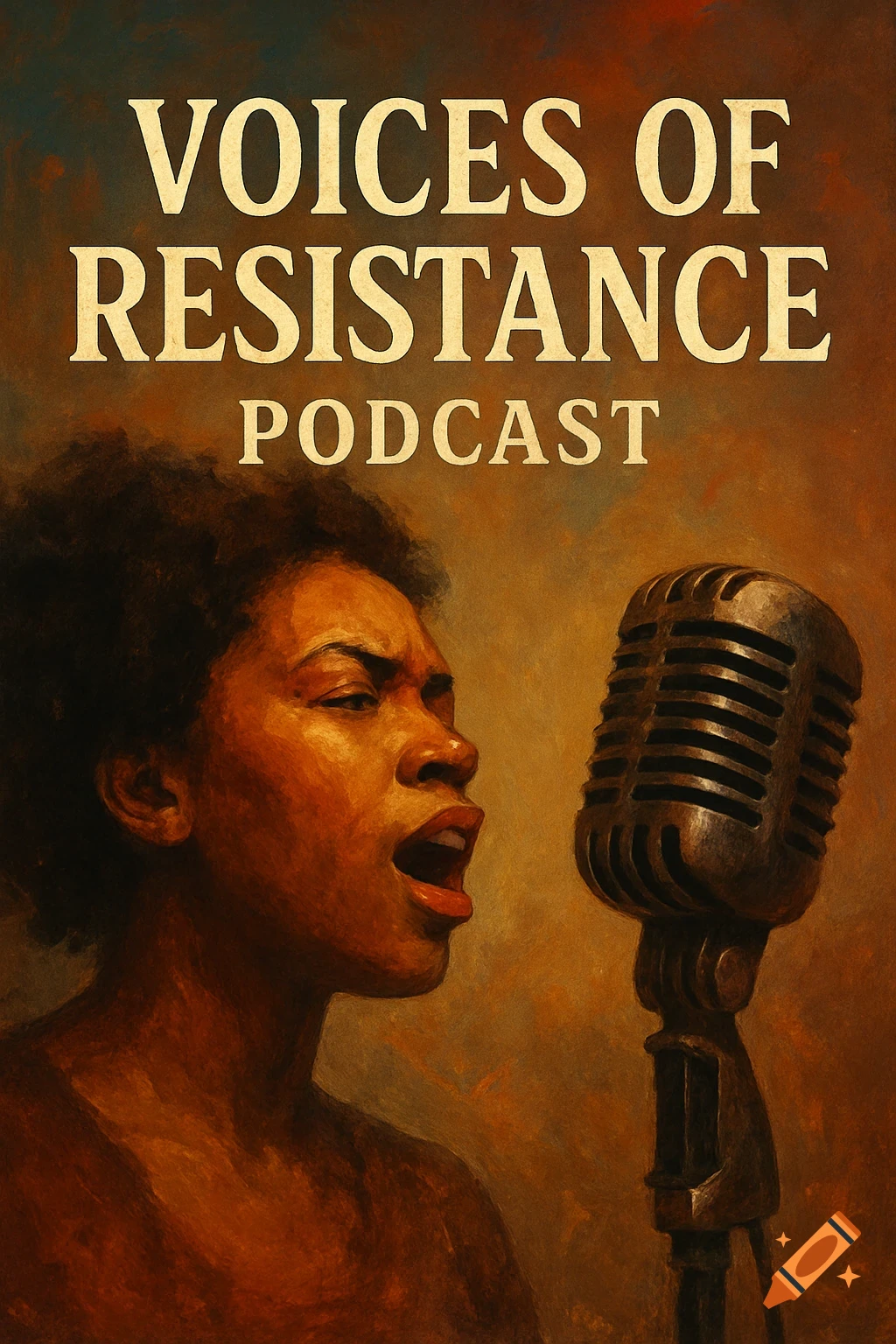Painterly portrait of a woman singing into a vintage microphone, with the title 'Voices of Resistance Podcast'.