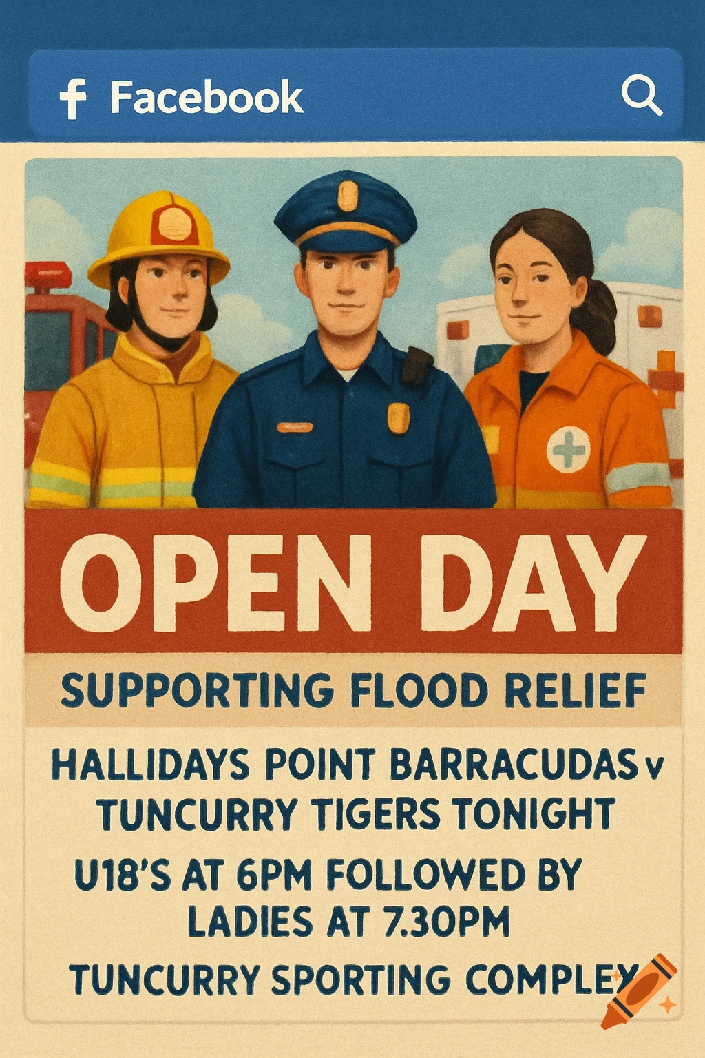 Illustration of a firefighter, police officer, and medical person on a poster advertising an open day supporting flood relief.