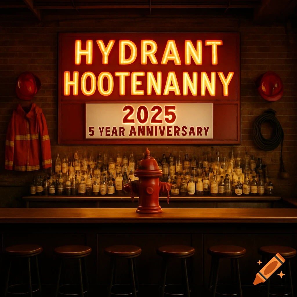 A bar scene with a neon sign reading "Hydrant Hootenanny 2025 5 Year Anniversary", firefighter gear, and a hydrant on the bar.
