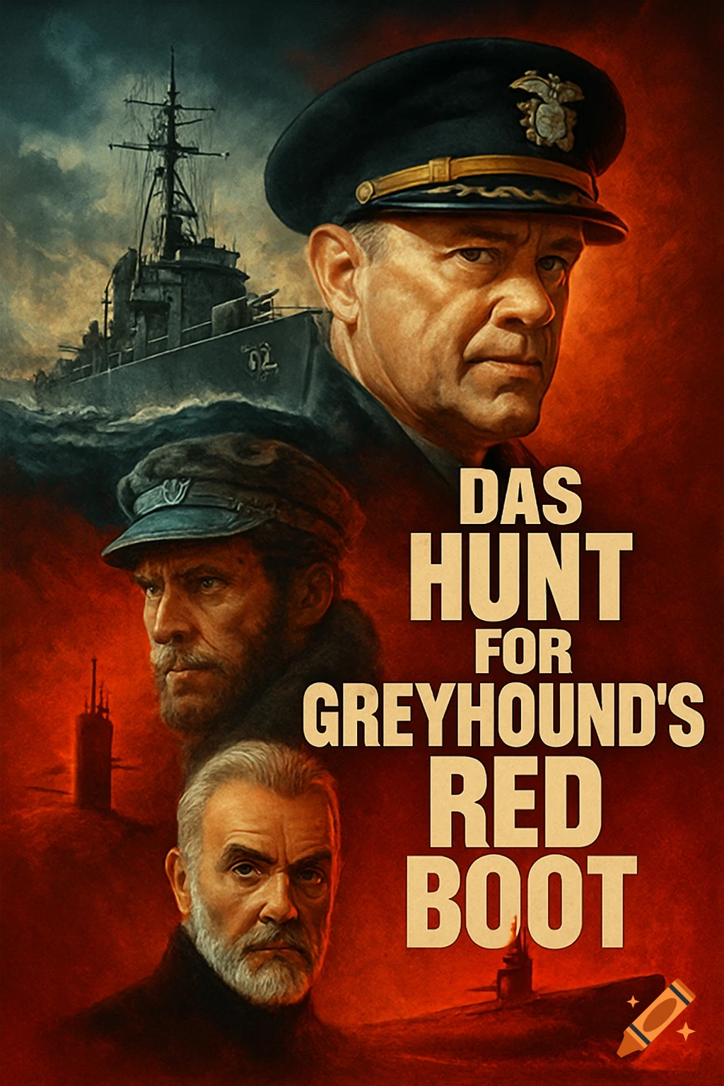 Dramatic movie poster with three male portraits, a destroyer, and a submarine, with the title 'Das Hunt for Greyhound's Red Boot'.
