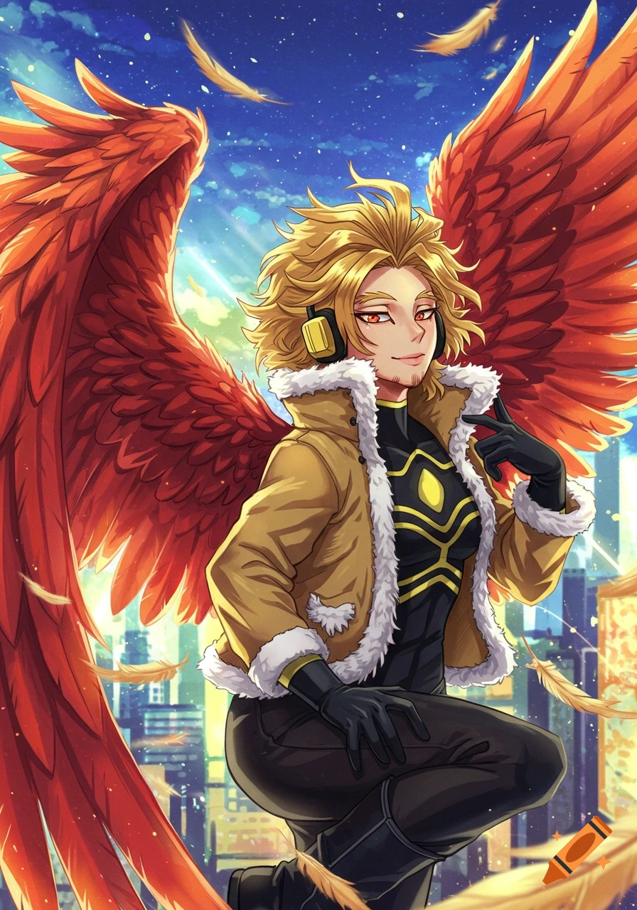 Anime drawing of a person with large red wings, blonde hair, wearing a yellow jacket and headphones, against a city backdrop with falling feathers.