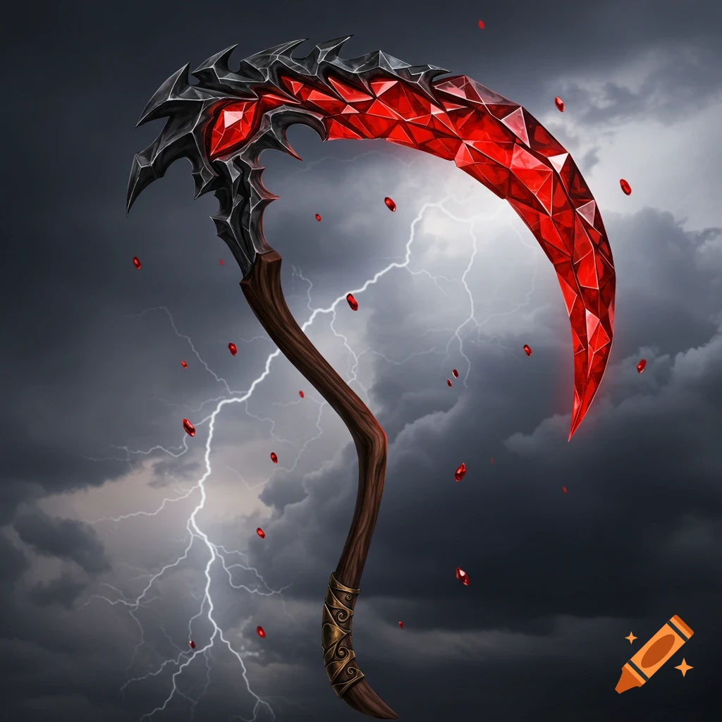 A fantasy scythe with a red crystal blade and dark handle against a stormy sky with lightning and floating red crystals.