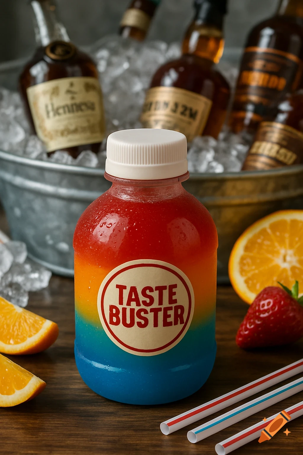 Photorealistic still life of a rainbow 'Taste Buster' drink bottle, fruit, straws, and whiskey bottles on ice.