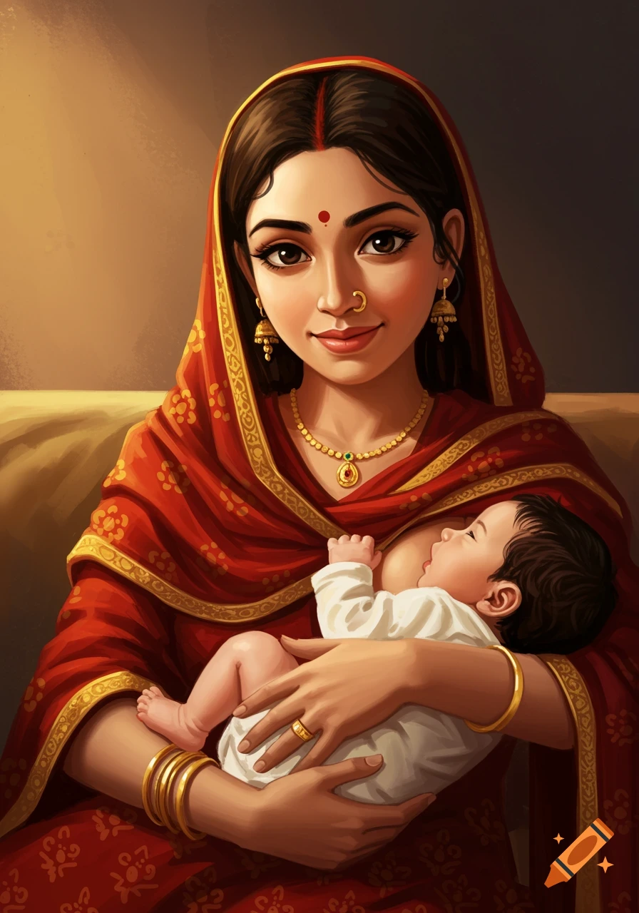 Illustration of an Indian woman breastfeeding a baby while wearing traditional clothes.