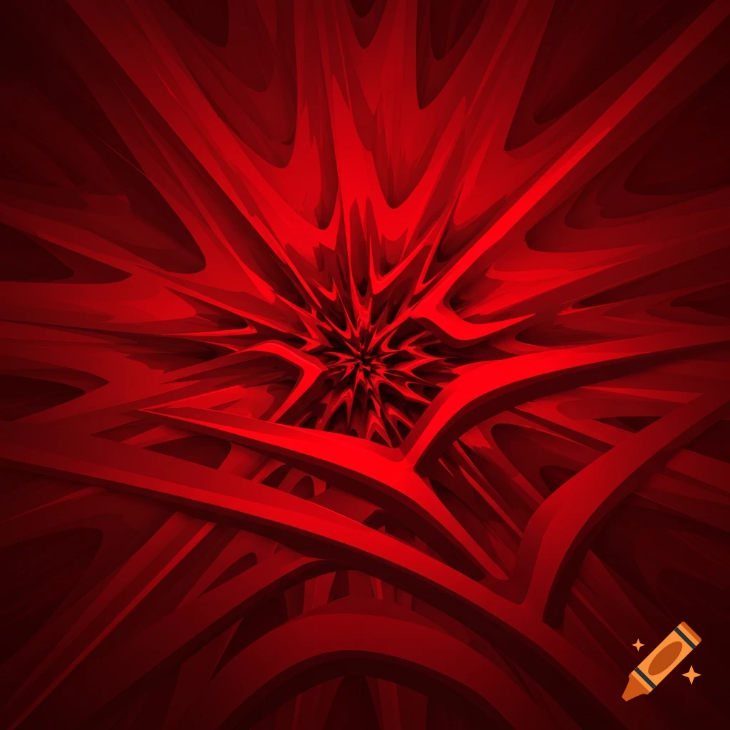 An abstract composition of sharp, layered red shapes converging towards a central point.
