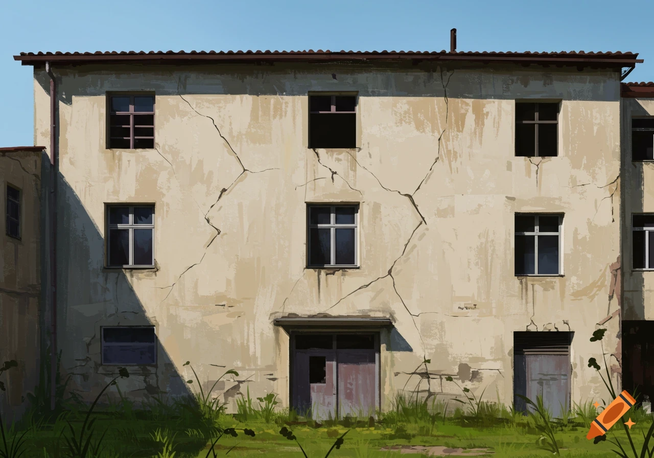 Digital painting of an old, cracked building with weeds in front.