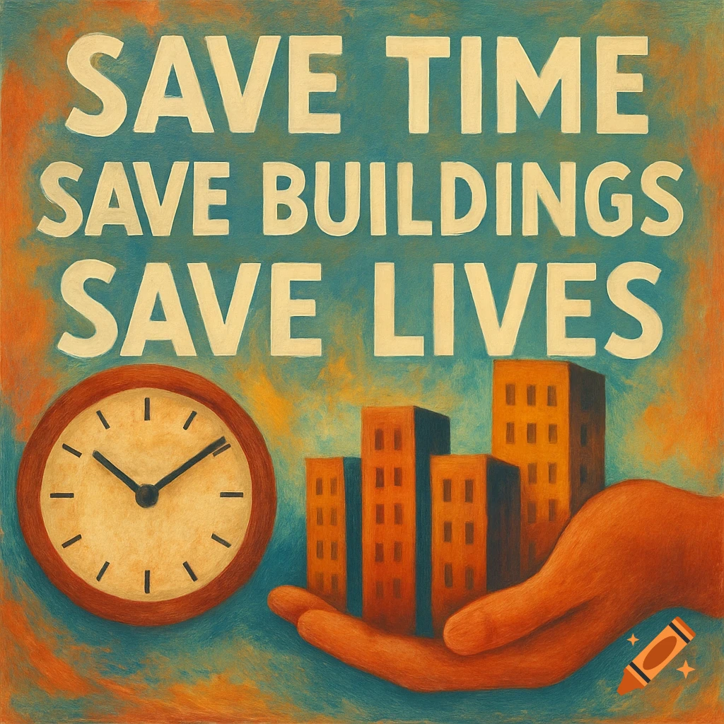 Vintage poster style illustration with text "SAVE TIME SAVE BUILDINGS SAVE LIVES" above a clock and a hand holding buildings.