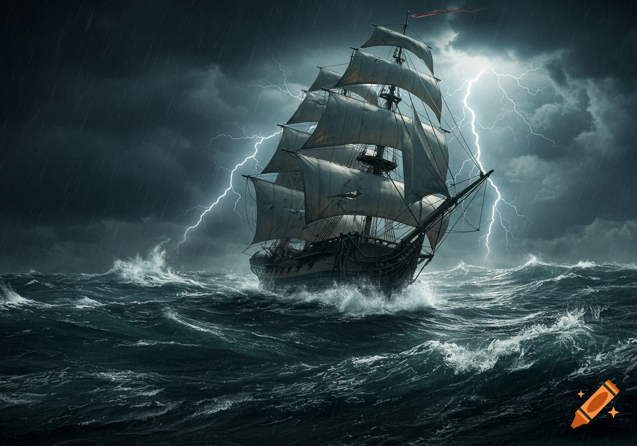 A sailing ship on stormy seas with lightning and rain. on Craiyon