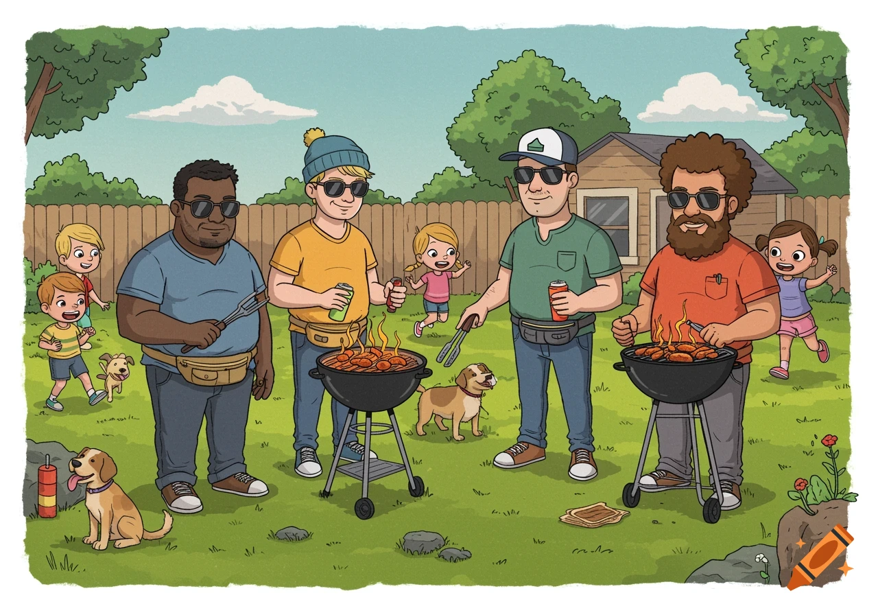 Cartoon illustration of four dads grilling in a backyard with kids and dogs playing.