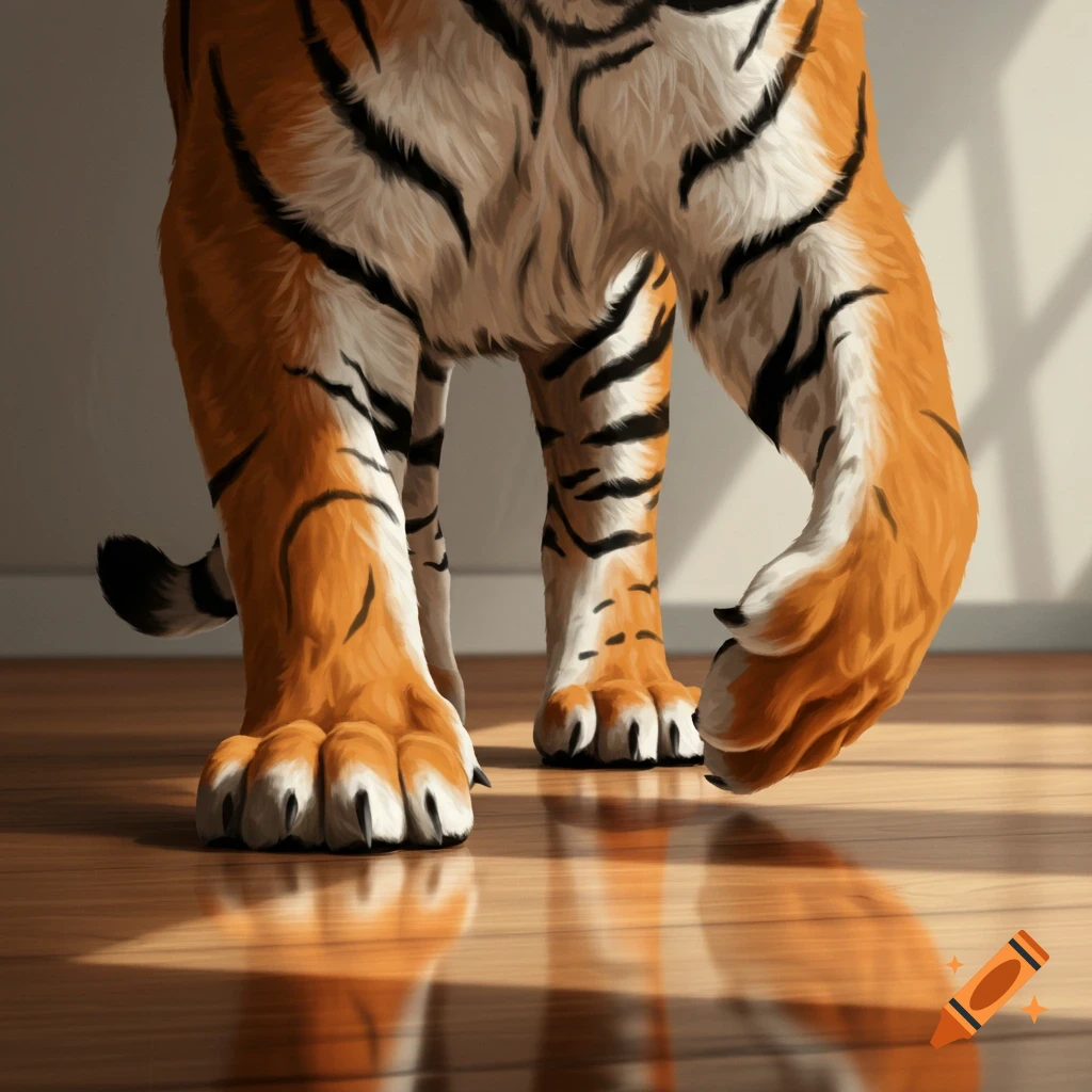 Close-up of a tiger's legs walking on a sunlit wooden floor, digital painting.
