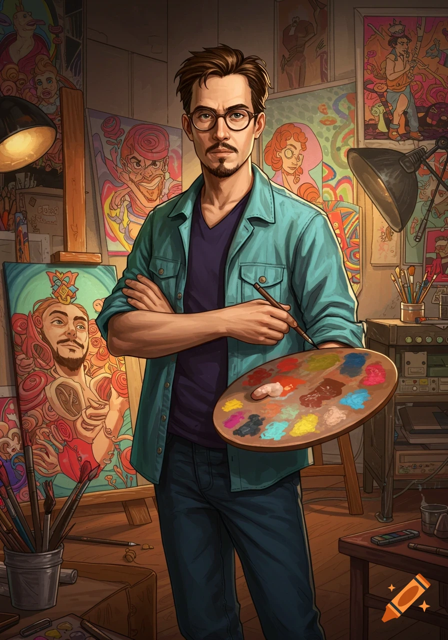 A male artist with glasses stands in his studio holding a palette and brush, surrounded by colorful, stylized paintings. Digital illustration.