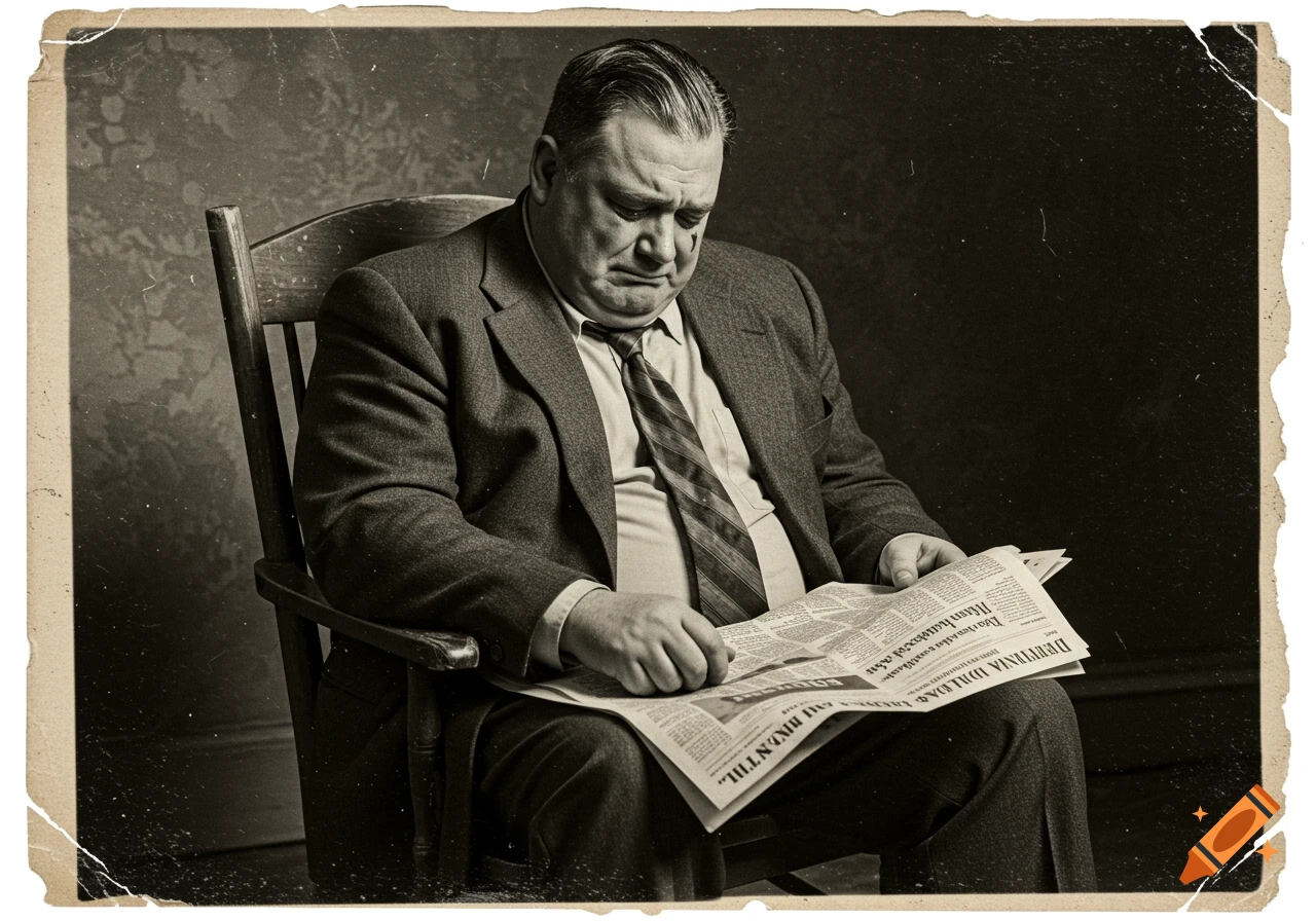A crying man in a suit reads a newspaper in a vintage 1940s style photo.