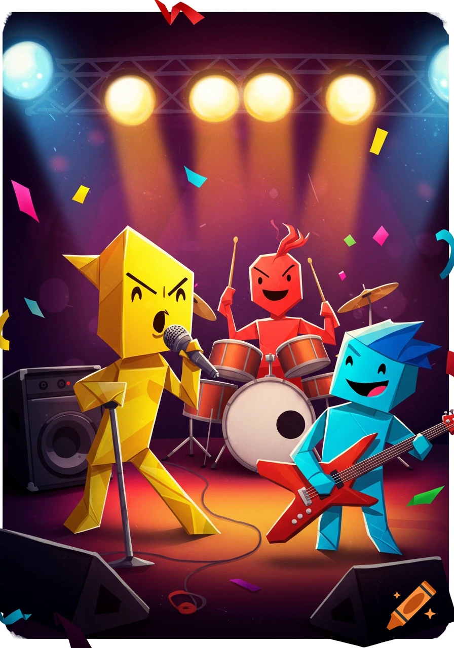 Geometric paper characters play music as a band on a stage with lights.