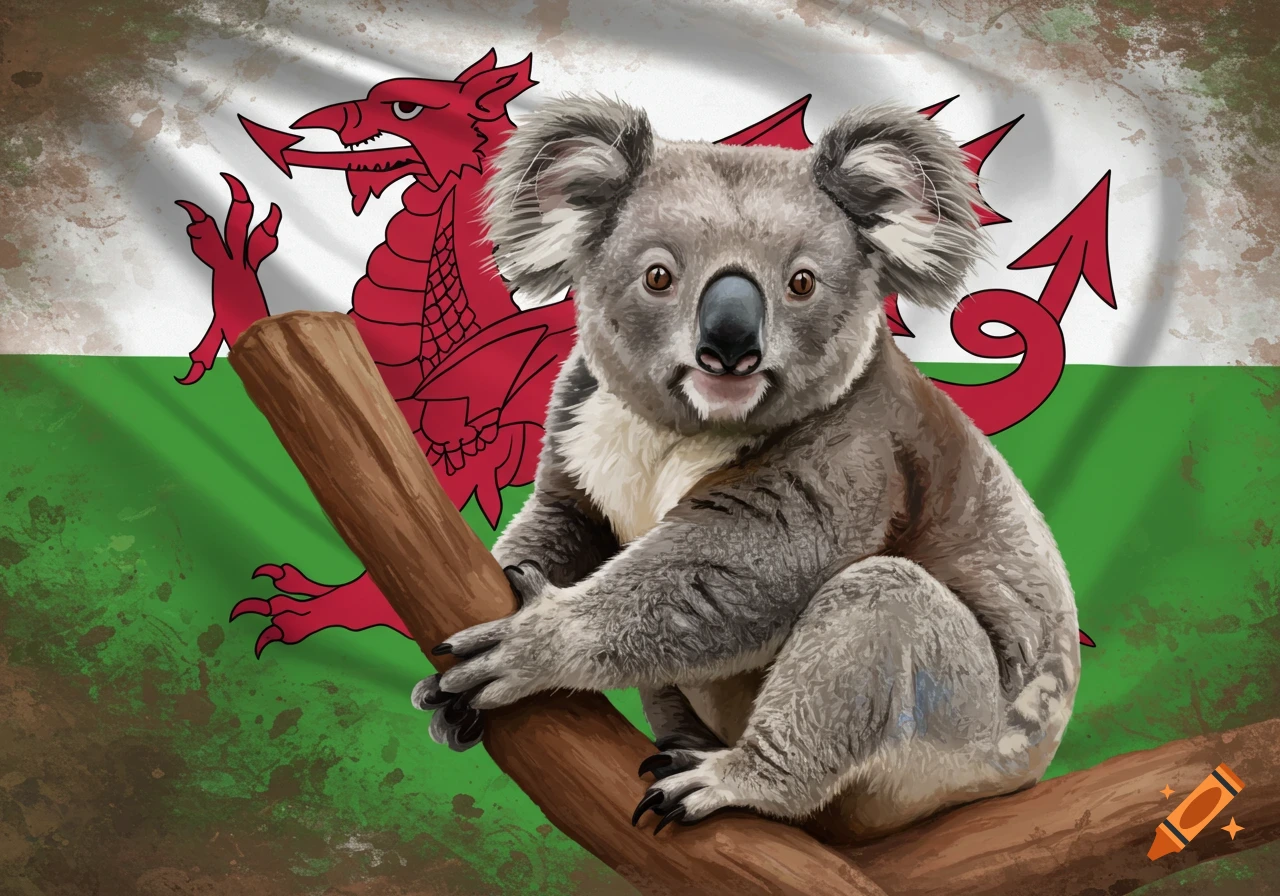 A koala sits on a branch in front of a Welsh flag illustration.