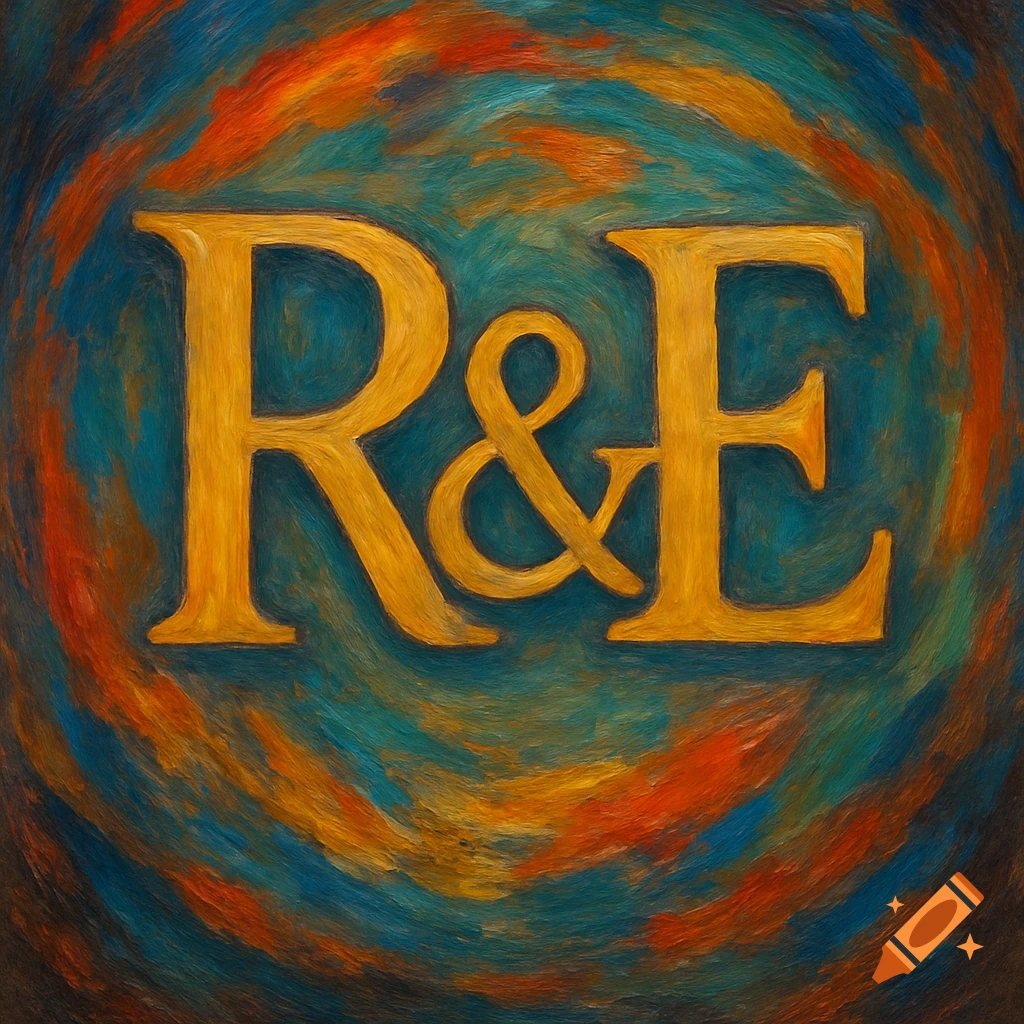 Gold letters R&E against a background of swirling blue and orange brushstrokes.