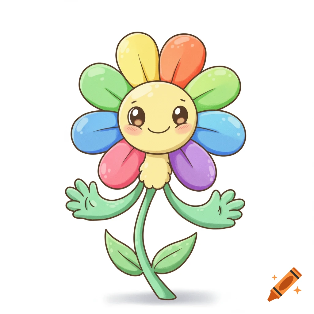 A cartoon rainbow flower character with a smiling face and arms stands on a white background.