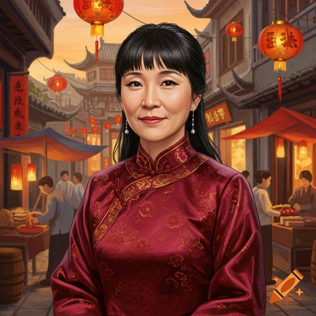 A woman in a red Chinese dress stands in a bustling traditional street market with lanterns.